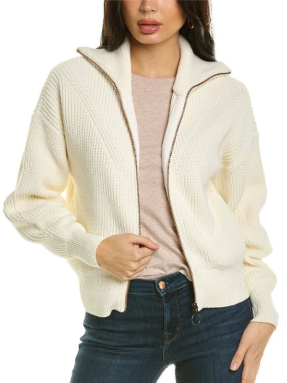 Lilla P Women’s Sz Large Zip Front Sweater in White Cream Gold Circle Zip Cotton